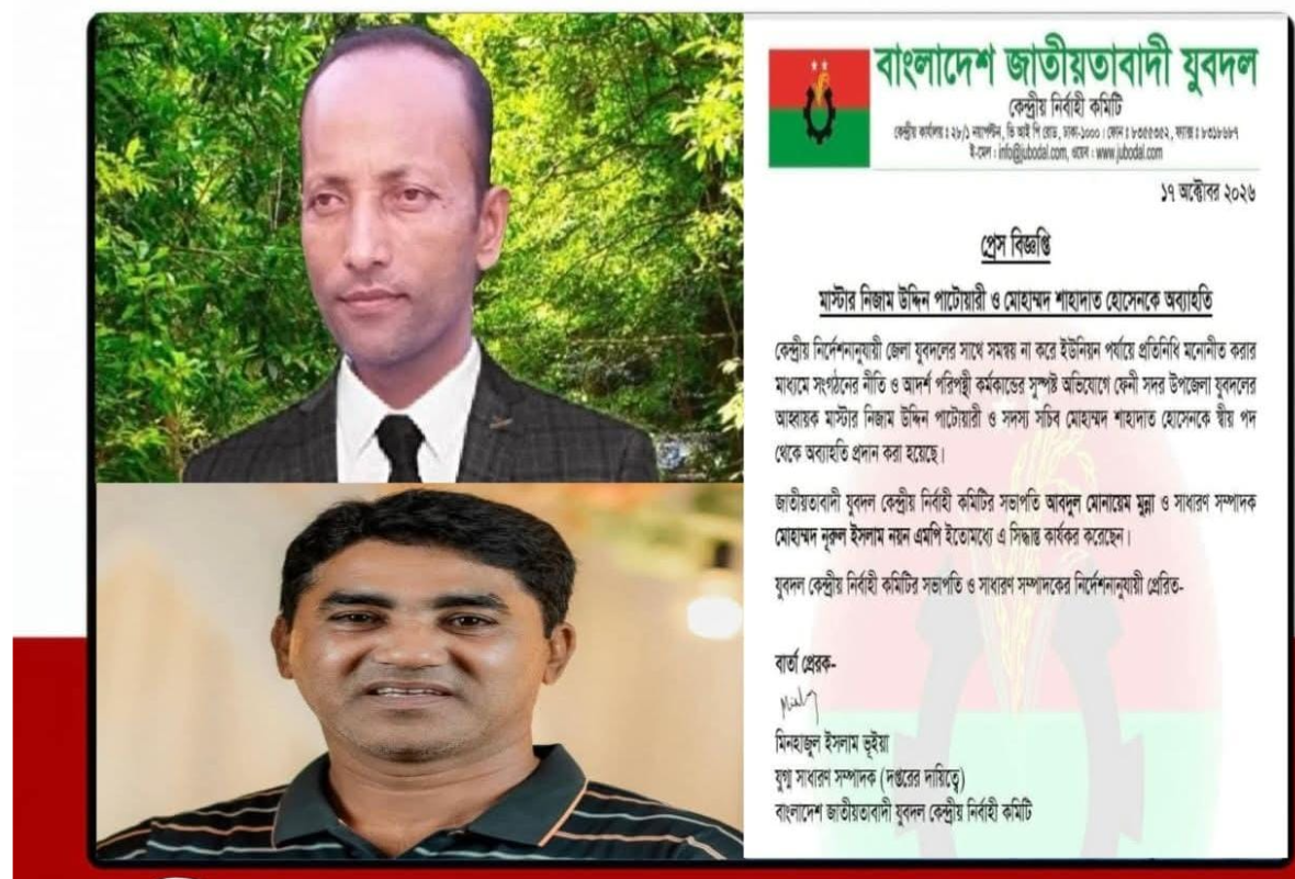 নানা অভিযোগ ও বিতর্কের মধ্যে ফেনী সদর যুবদলের নিজাম পাটোয়ারী ও শাহাদাতকে অব্যাহতি